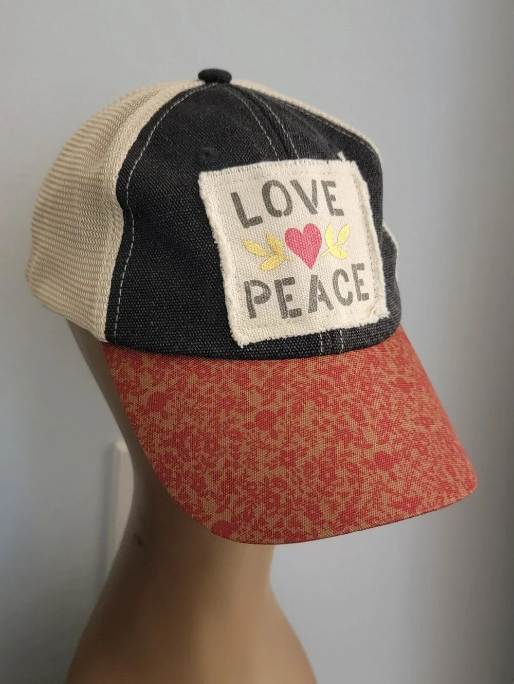 Love Peace Patch Trucker Hat - Black, Cream & Red